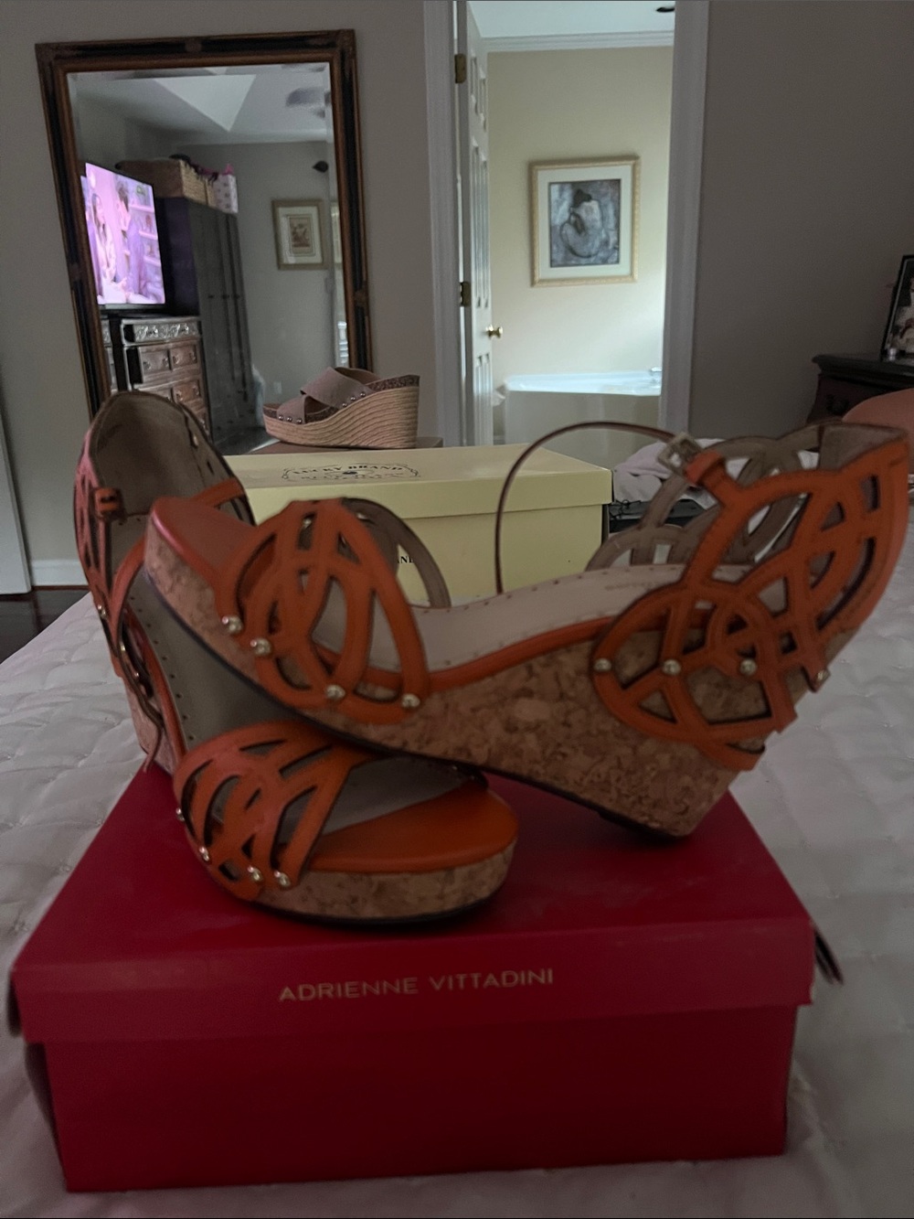 Adrienne Vittadini Orange Cutout Cork Wedge Sandals